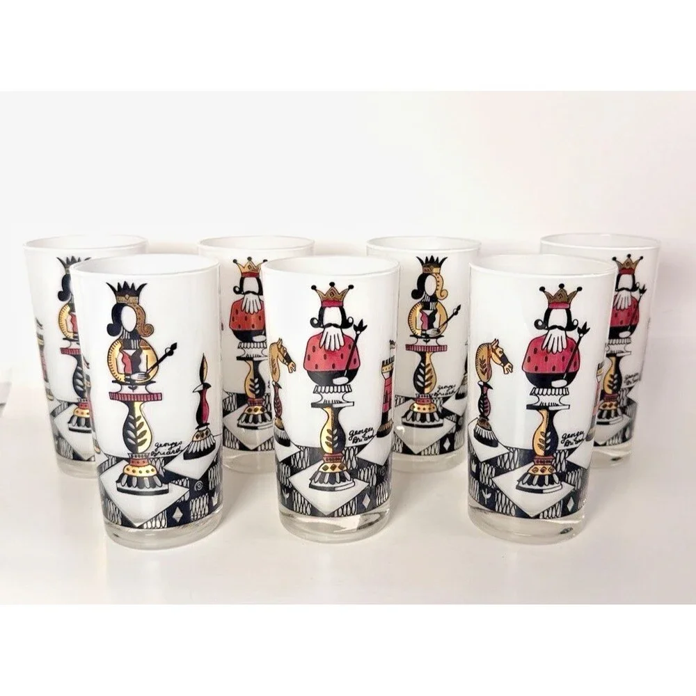 RARE Georges Briard Chess King Queen Highball Glasses Set of 7 MCM Signed Vtg